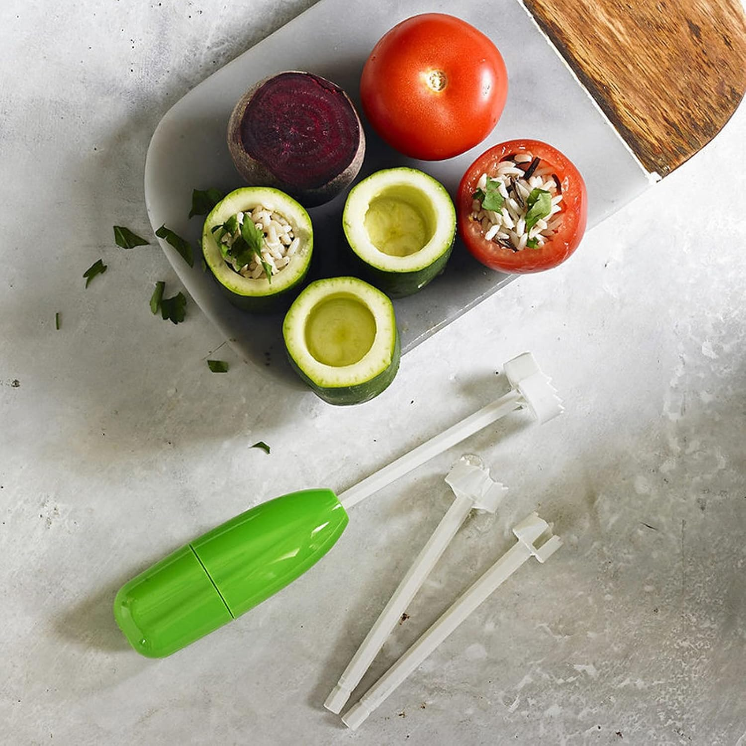 Zucchini Pumpkin Eggplant Vegetable Coring Tool 4-Piece Set with Replaceable Sizes - Kitchen Filling Seeder for Cucumber and Long Vegetables image number 5