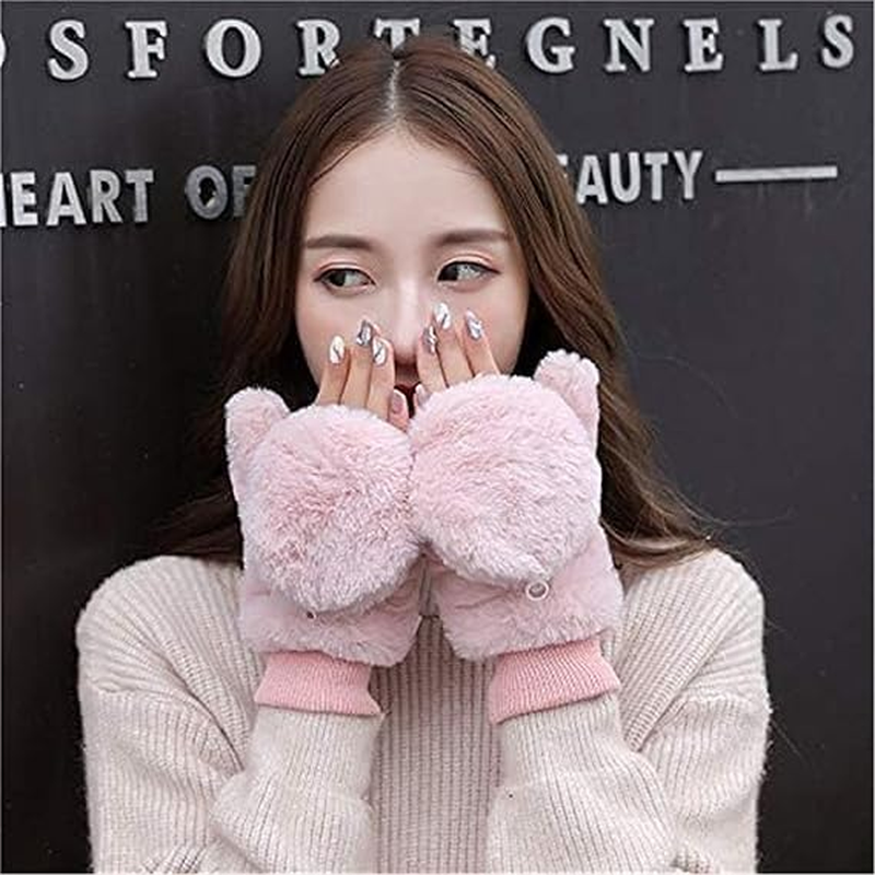Women Winter Faux Fur Flip Cover Mittens Warm Soft Half Finger Fingerless Gloves(Pink)