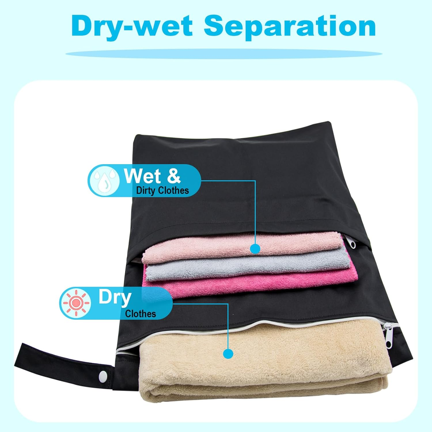 2 Pack Travel Laundry Bag with 2 Zippered Pockets & Handle 39 * 45Cm Water-Resistant Wet Dry Bags for Dirty Clothes, Gym, Swimming, Yoga, Bathing Suits (Black + Grey)