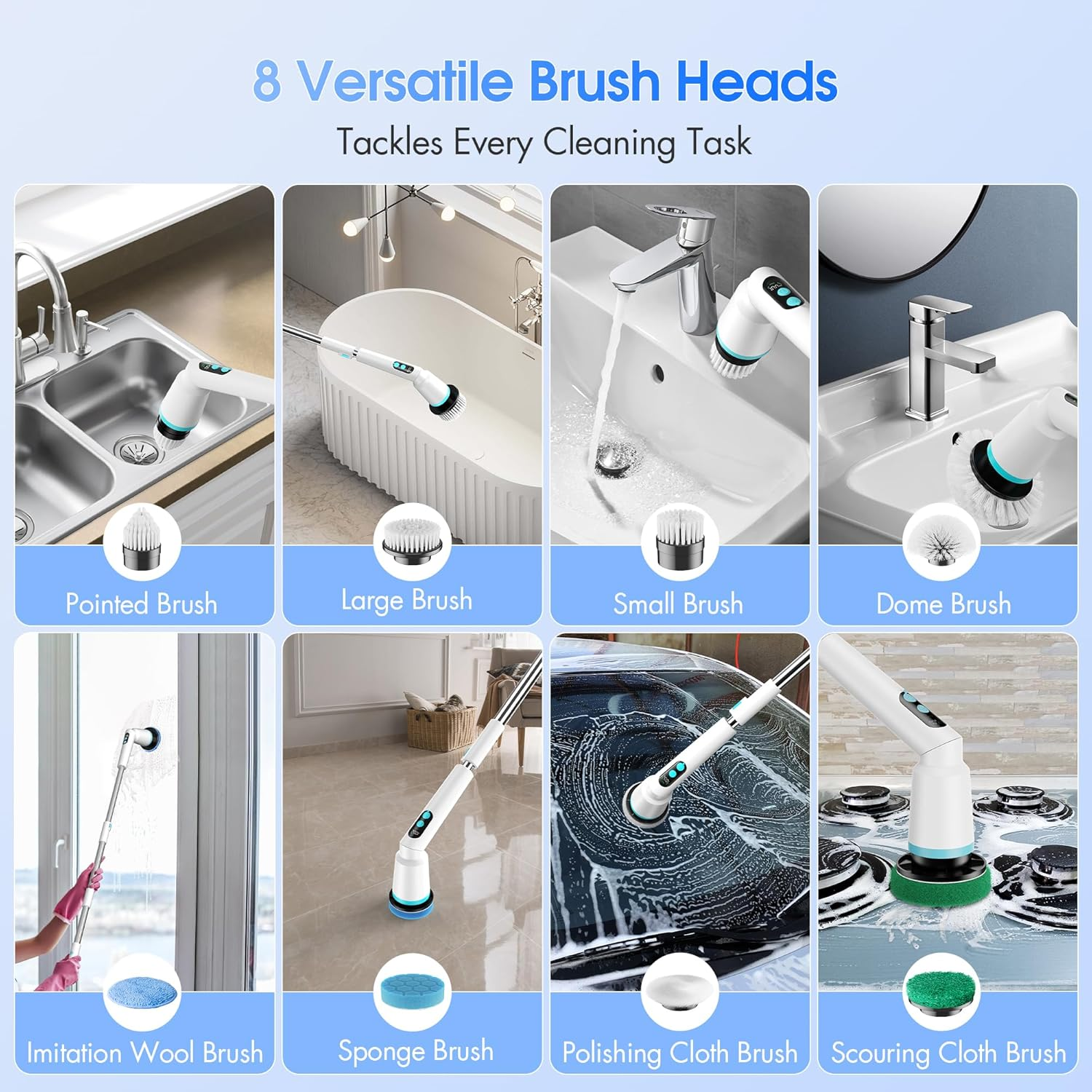 Kliburash Electric Spin Scrubber with Remote Control, IPX7 Cordless Cleaning Brush with 8 Brush Heads, 2 Adjustable Angles, Long Handle Power Scrubber for Bathroom, Shower,Bathtub,Floor-White image number 4