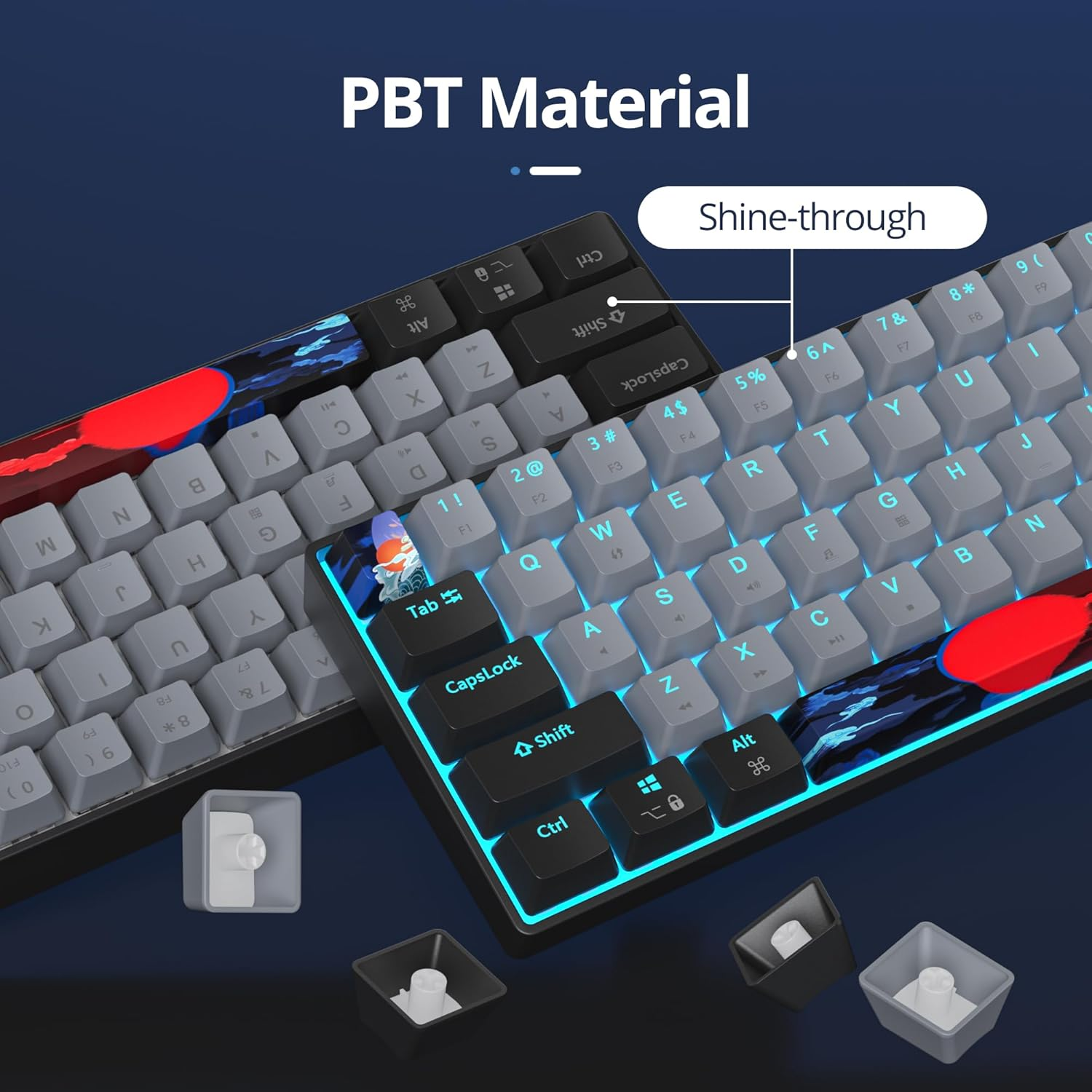 65% Mechanical Gaming Keyboard,Wired Compact 65 Percent Keyboard Ice Blue LED Backlit Red Switches PBT Keycaps for Win/Mac PC Gamers&Typists(Dolch) - 68 Dark image number 7