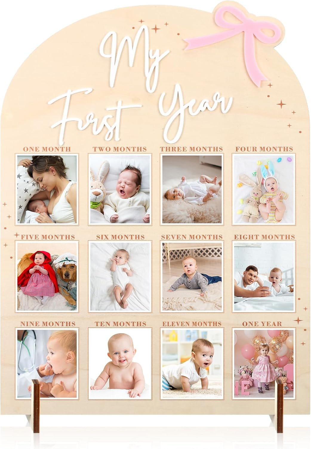 Weysat Pink Bow My First Year Photo Board, Wood 3D Coquette One Year of Photo 12 Months Monthly Milestone Board Picture Display Frame 1St Birthday Decorations Gift Bow Nursery Decor image number 2