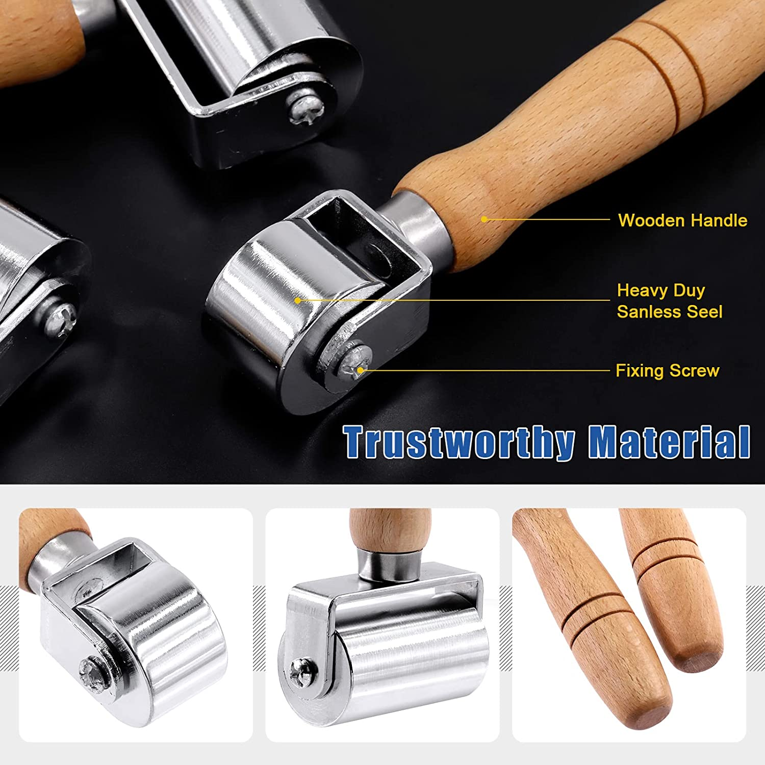 Glarks 3Pcs 26Mm 60Mm 100Mm Leather Press Edge Rollers Leather Edge Creaser and Smoother for Leather Glue Laminating, Quilting, Platen Tools image number 3