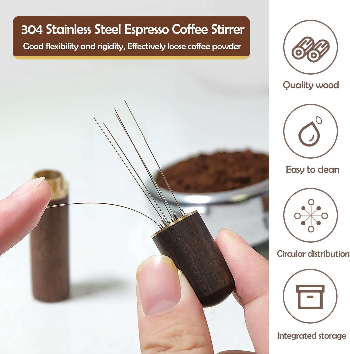 BEANPRECOY Espresso Coffee Stirrer 6 Needles 0.4Mm Coffee Grounds Needle Distribution Tool for Espresso Distribution Natural Wood Handle and Stand Professional Barista Hand Distribution Tool