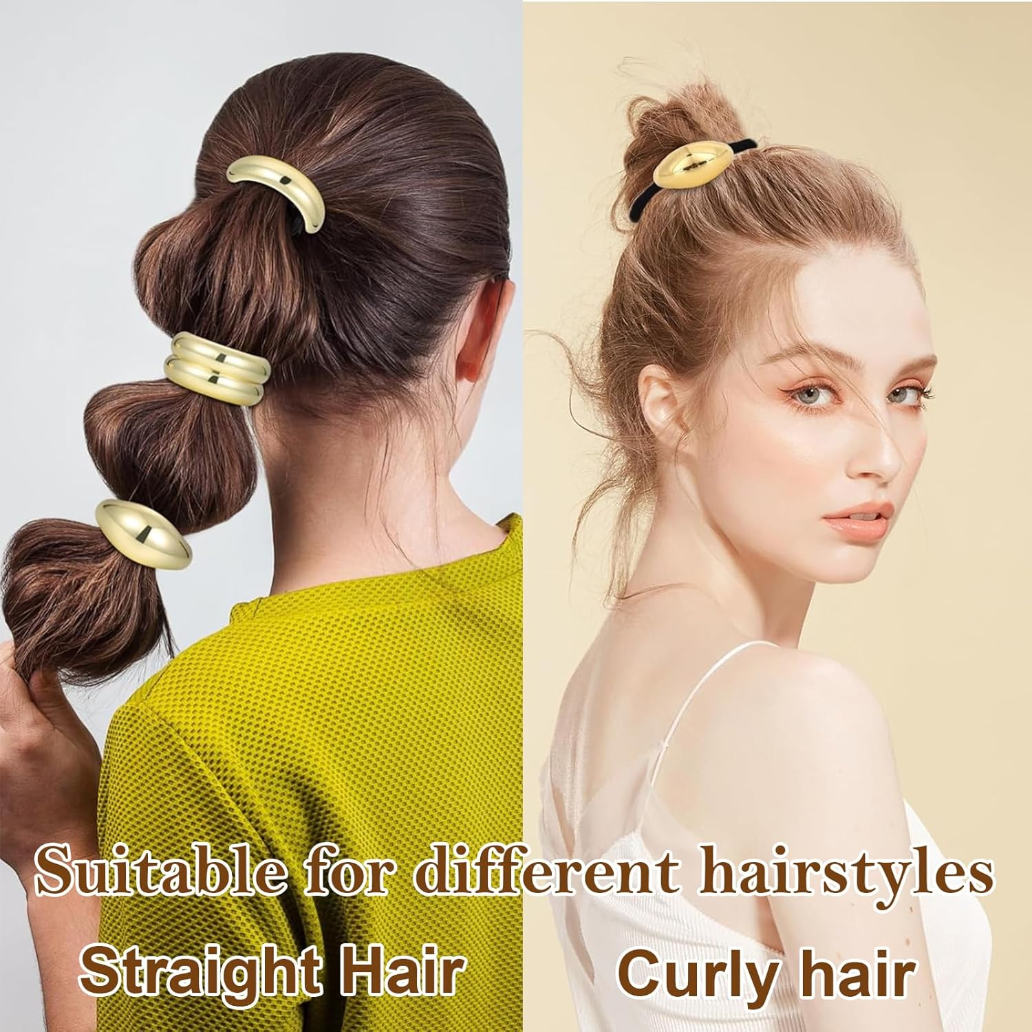 ASOMI 3 Pieces Gold Hair Scrunchies Metal Hair Ties for Thick Hair Elegant Durable Geometric Design Stretchy and Non-Damage Ponytail Holders