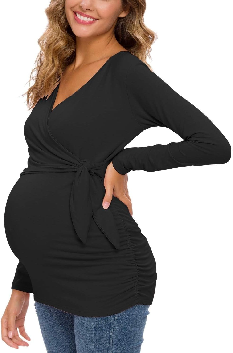 Glampunch Women'S Maternity Shirts Short & Long Sleeve Tie Front Wrap Maternity Tops