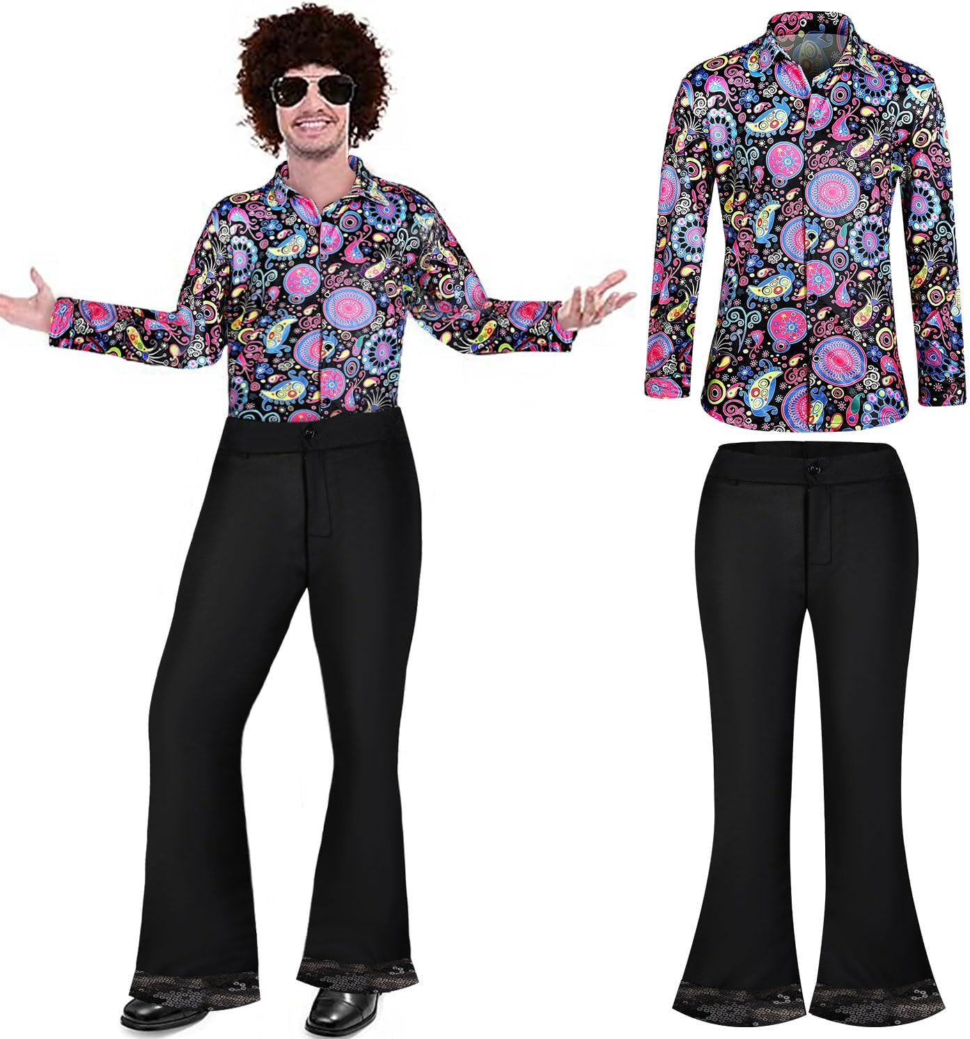 Slowton Men'S 70S Disco Costume - 1970S Vintage Floral Shirt & Flared Trousers Two Piece for Disco Party, Stage Performance Costume Set, Disco Accessories for Halloween Party, Hippies Outfits for Men
