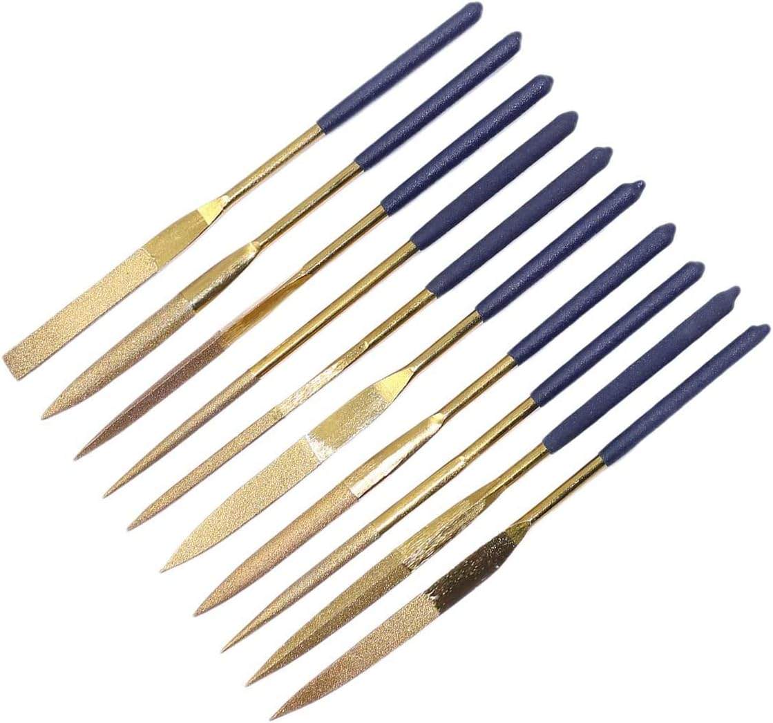 Yakamoz 10 Pcs Titanium Coated Mini Diamond File Set Flat Needle Square round Triangular Shape Rifler Files for Metal Jewelry Glass Wood Carving Sanding Polishing Tool - 4X160Mm image number 4