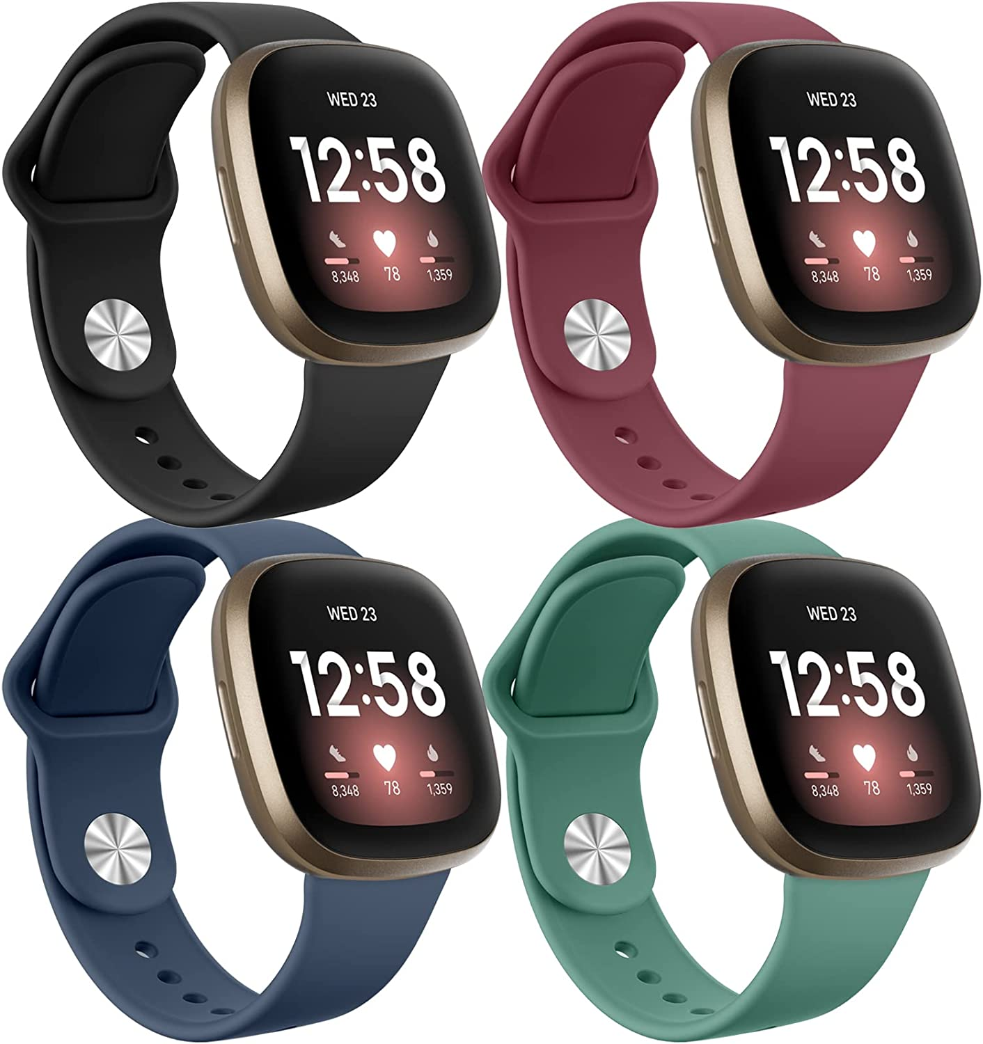 WAESRY [4 Pack] Silicone Bands for Fitbit Versa 3 Bands, Sense Band, Soft Adjustable Sport Replacement Wristbands Women/Men / Sense, Black + Navy Light Green Burgundy image number 1