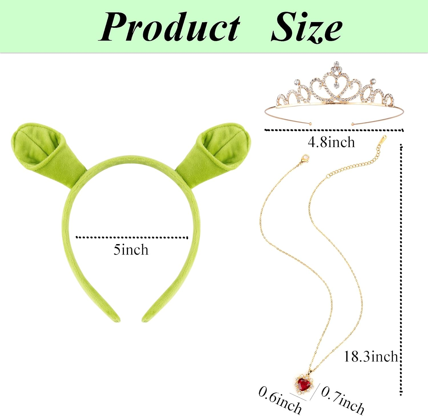 3Pcs Green Ogre Ears Headband Red Heart Necklace Crown Halloween Costume Accessories Monster Cosplay Party image number 1