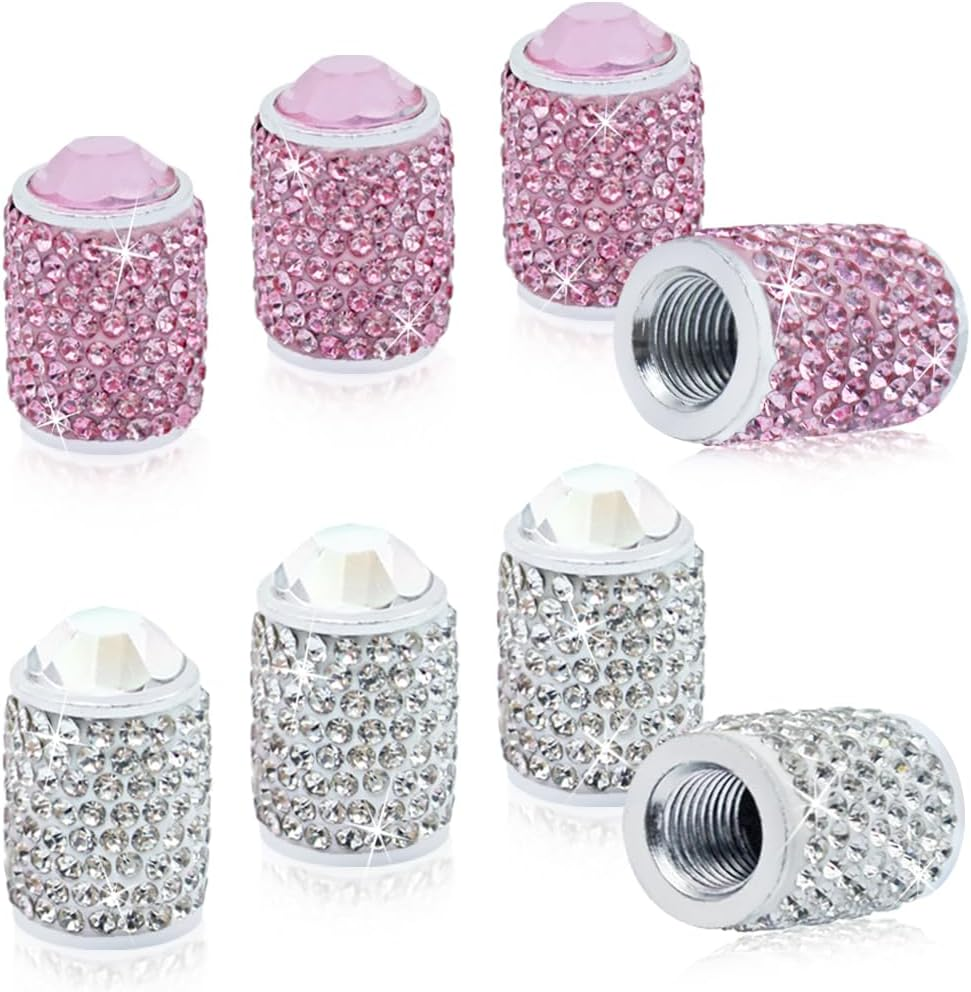 8 Pack Tire Valve Caps, SENHAI Handmade Crystal Rhinestone Diamonds Sparkly Tire Covers, Shiny Dustproof Car Accessories, Car/Motorcycle/Bicycle Universal-White and Pink image number 2