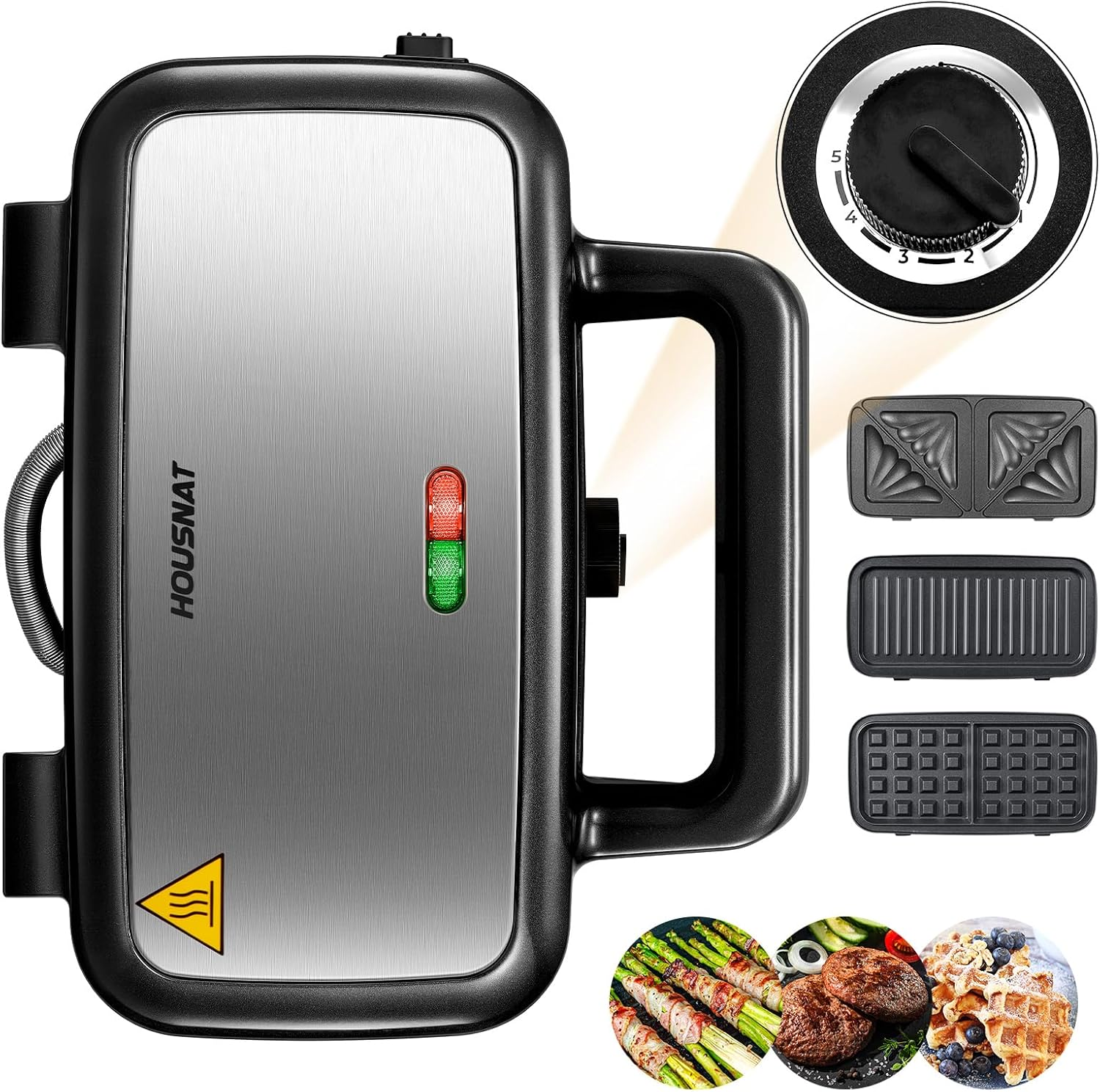 Sandwich Maker 1200 Watt Waffle Iron Sandwich Toaster 3 in 1 (Sandwich, Waffle, Grill Plate), Housnat Contact Grill with 5-Speed Temperature Control and Non-Stick Coating Plates, LED Display image number 2
