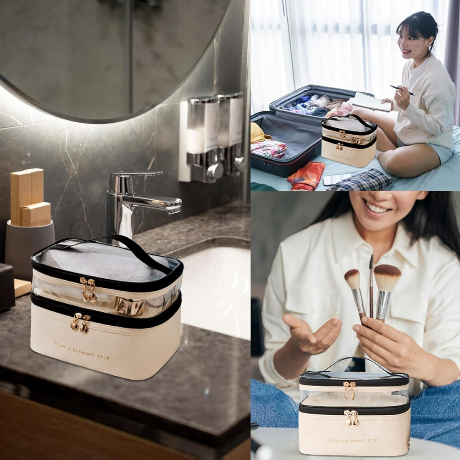 SUSOO 2 in 1 Large Toiletry Bag and Makeup Bag,Portable Double Layer Leather Organizer with Adjustable Dividers and Brush Organize Area for Travel,Skincare Travel Cosmetic Bags for Men&Women(Beige