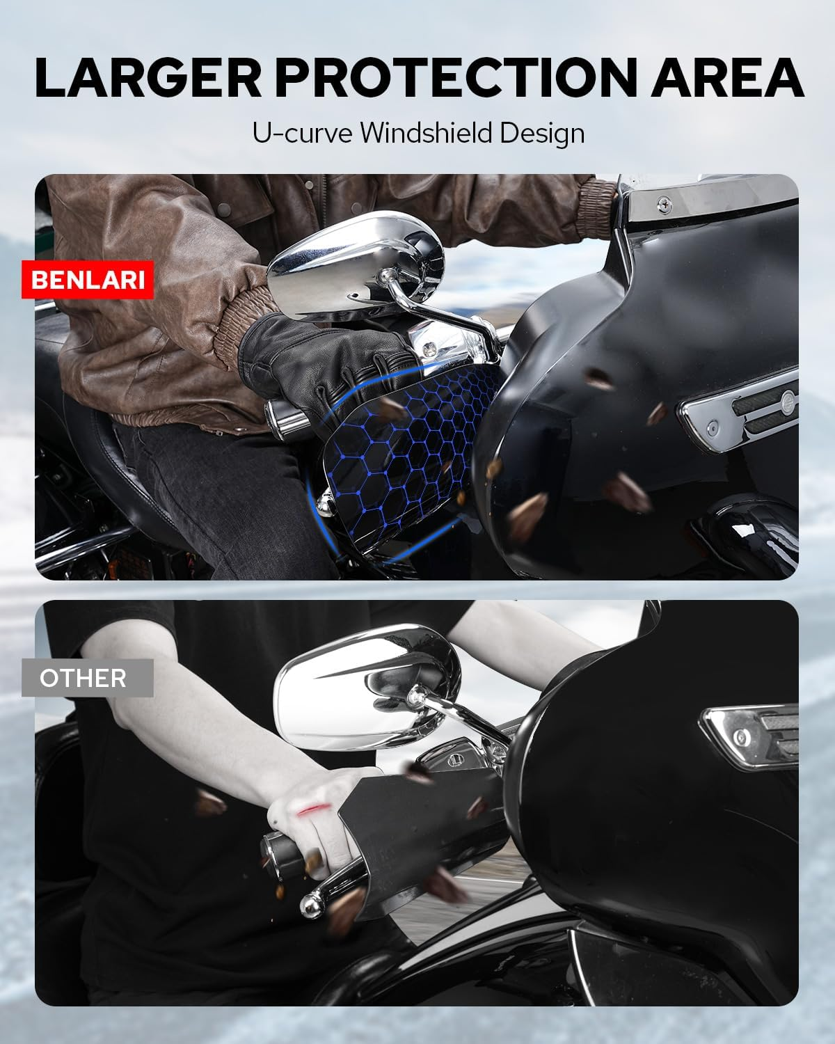 Benlari Stainless Steel Handguards, Larger Hand Guards Fit for Harley Touring Street Glide Road Glide Road King Electra Glide Bagger 2007-2023, Fit for Hydraulic Clutch & Cable Clutch Style image number 2