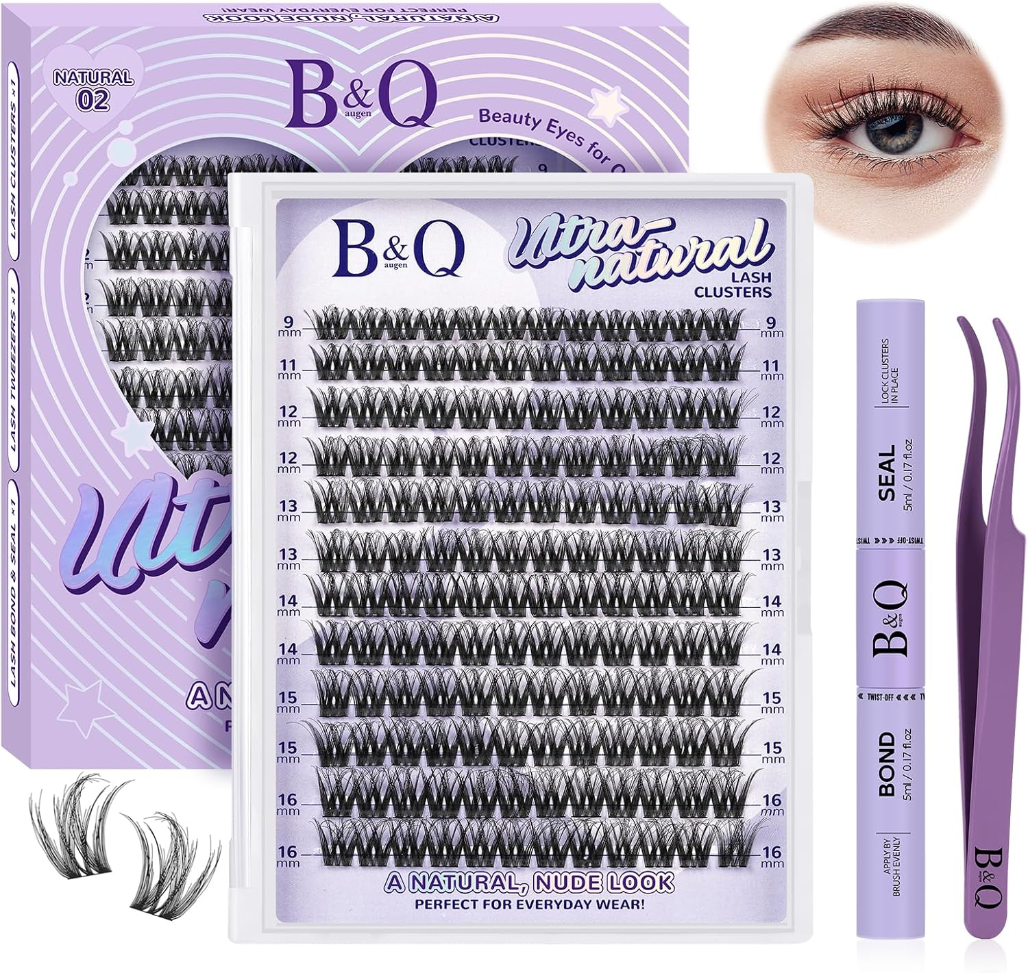 B&QLASH Lash Clusters Kit 144PCS Wispy Lash Extension Kit 9-16Mm Soft Natural with Cluster Glue and Lash Tweezer D Curl Pesta&ntilde;as Postizas Naturales (Kit,Natural 02-9-16MIX)
