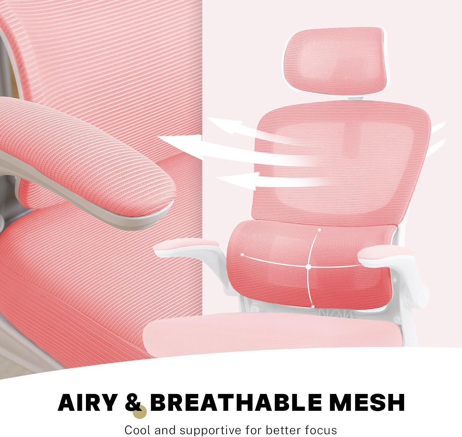 La Bella SITIO Office Chair - Pink Ergonomic Mesh Desk Chair with Lumbar Support, Flip-Up Armrests, Adjustable Headrest & Tilt Function image number 5