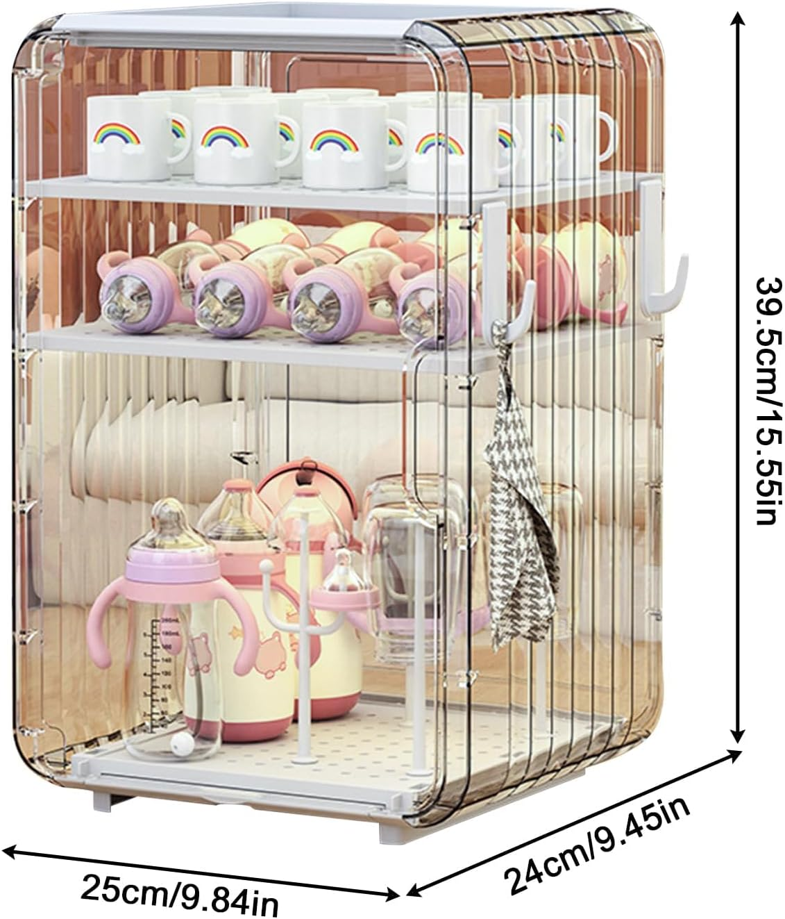 Baby Bottle Organizer Storage Drawer, 3/4 Floors Toddler Supplies Organizer, Vertical Dustproof Cups Holder with Door, Water Tray at the Bottom, Removable Independent Compartment, for Nursery image number 6