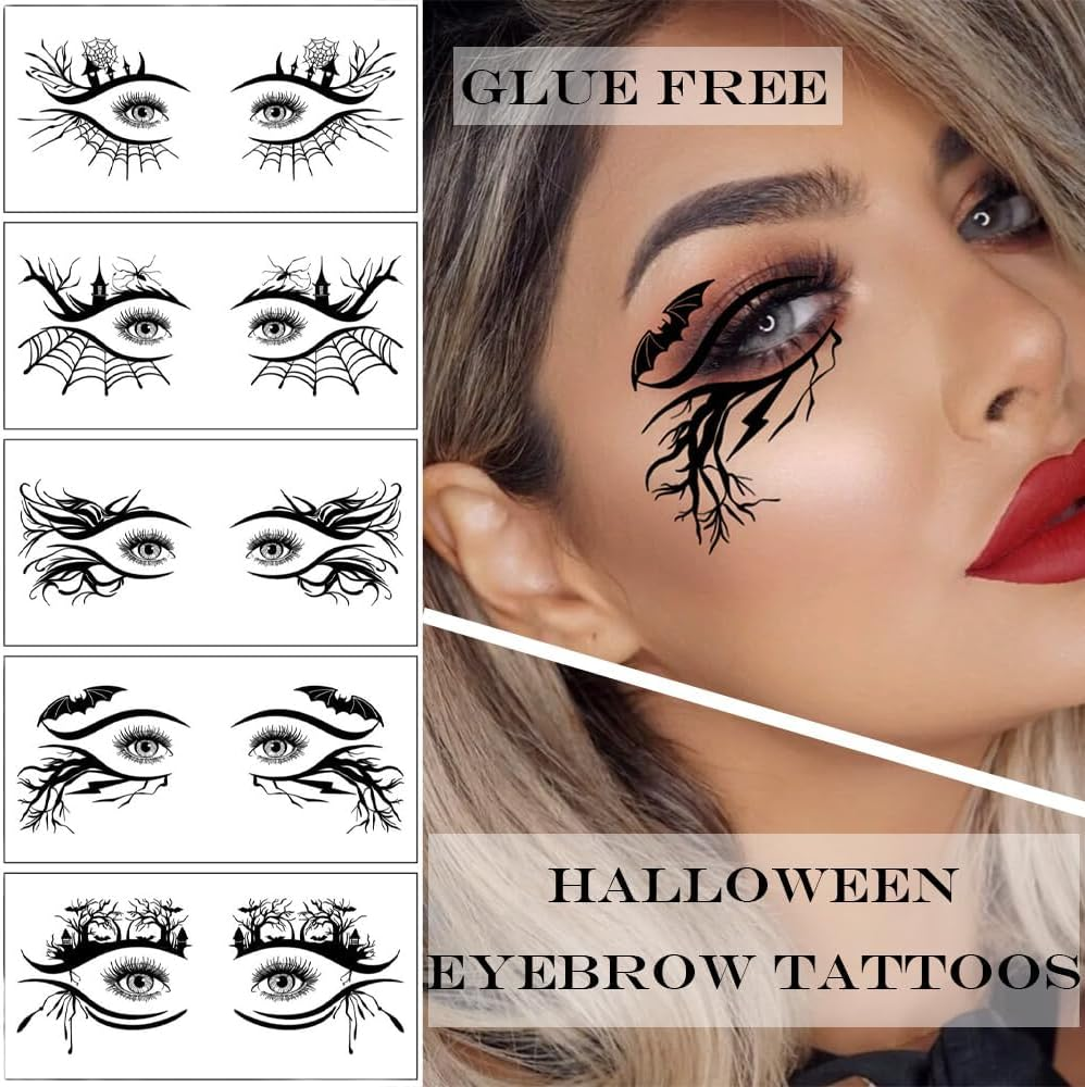 Halloween Eye Shadow Temporary Tattoos Eyeliner Tattoo Stickers Spider Web Bat Pattern Eyeliner Fake Tattoos for Women Men Face Eye Makeup Halloween Decals Party Supplies (Style A-10Pcs, One Size) image number 6