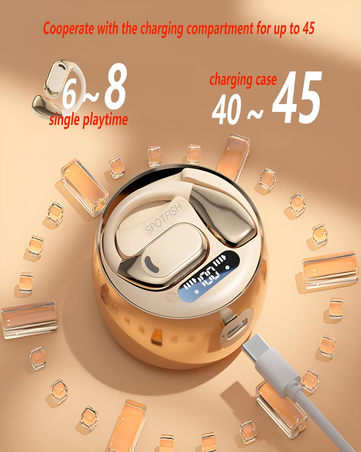 SPOTFISH Open Ear Headphones, True Wireless Earbuds Bluetooth 5.4,Hanging Ear Sports Earphones,Enc Noise Cancelling Clear Calls，Easy Touch Control，Advanced Aesthetics Charging Case-M76 (Beige) - Beige image number 3