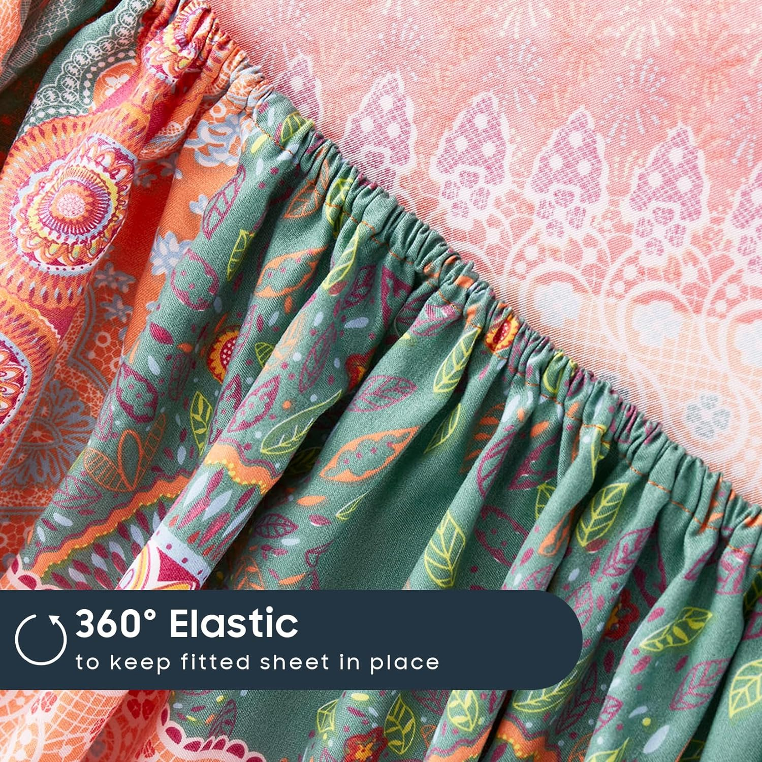 Wake in Cloud - Boho Bed Sheets Set, Soft Microfiber Bohemian Mandala Pattern Printed Bedding, Extra Deep Fitted Sheet & Flat Sheet & 2 Pillowcases, 4 Pieces, Orange Coral, Queen Size image number 1