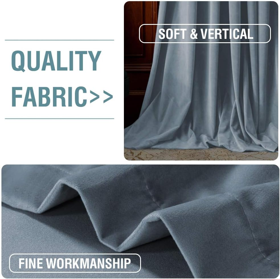Luxury Velvet Curtains for Bedroom/Living Room Darkening Ultra Thick Soft Velvet Window Curtain Draperies Home Decoration Eyelet Curtains Pair 2 Pieces, Each W132Cm X D213Cm, Stone Blue image number 3