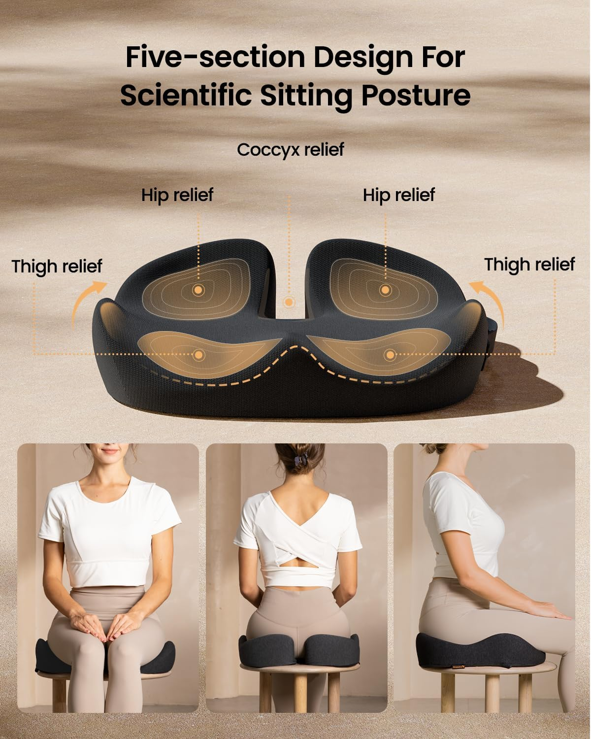 Protoarc Seat Cushion, Office Chair Cushion for Sciatica, Coccyx Cushion, Ergonomic Memory Foam Seat Cushion for Car, Home, Pressure Relief Pad for Hip, Tailbone, All Day Comfort - Black image number 3