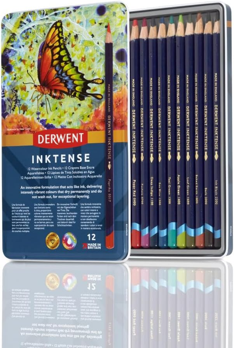 Derwent Inktense Permanent Watercolour Pencils 12 Tin, Set of 12, 4Mm Premium Core Strength, Water-Soluble, Ideal for Drawing, Colouring & Painting on Paper or Fabric, Professional Quality (0700928) image number 5