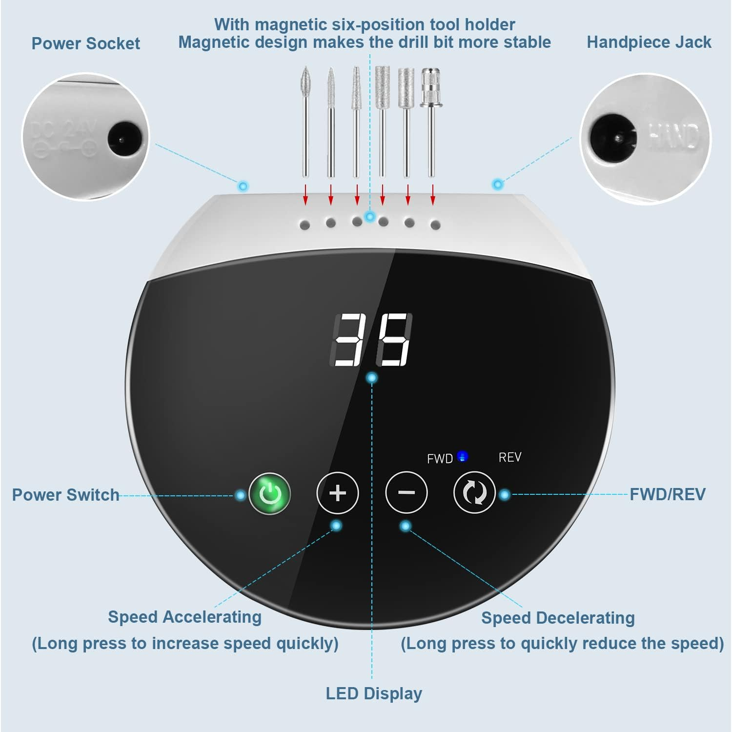ENGERWALL Electric Nail Drill 35000 RPM, Professional Low Noise Low Vibration Low Heat Electric Nail Files with Touch Buttons, Nail Drill for Acrylic Nails and Gel Nails, for Salon and DIY Use image number 1