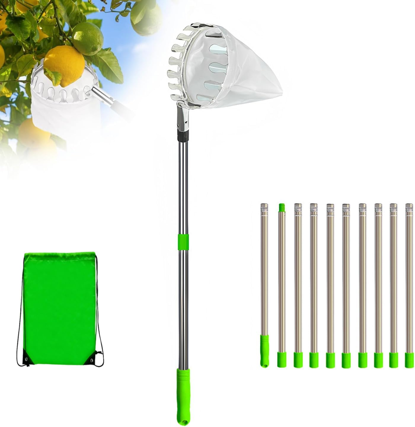 Fruit Picker Pole with Basket, 13 FT Adjustable Pole with Soft Bag for Apple, Pear, Lemon, Orange, Apricot, Mango, Limes, Nectarines, Grapefruit, Plums, Cherry, Persimmons Tree Picker