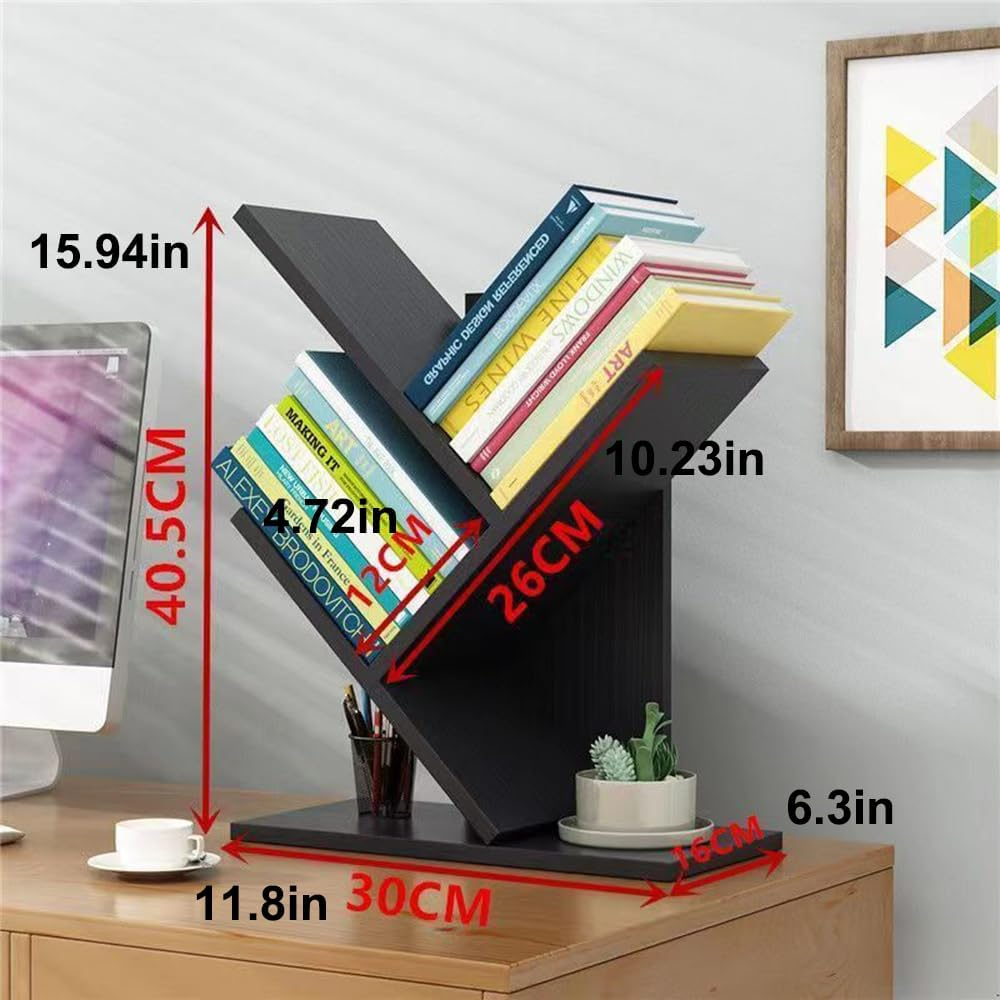 Hbluefat Book Tree Bookshelf, 3-Tier Wood Tree Small Bookcase for Desk Displaying Books, Cds, Magazines and More at Office, Home and School (Black Walnut) image number 6