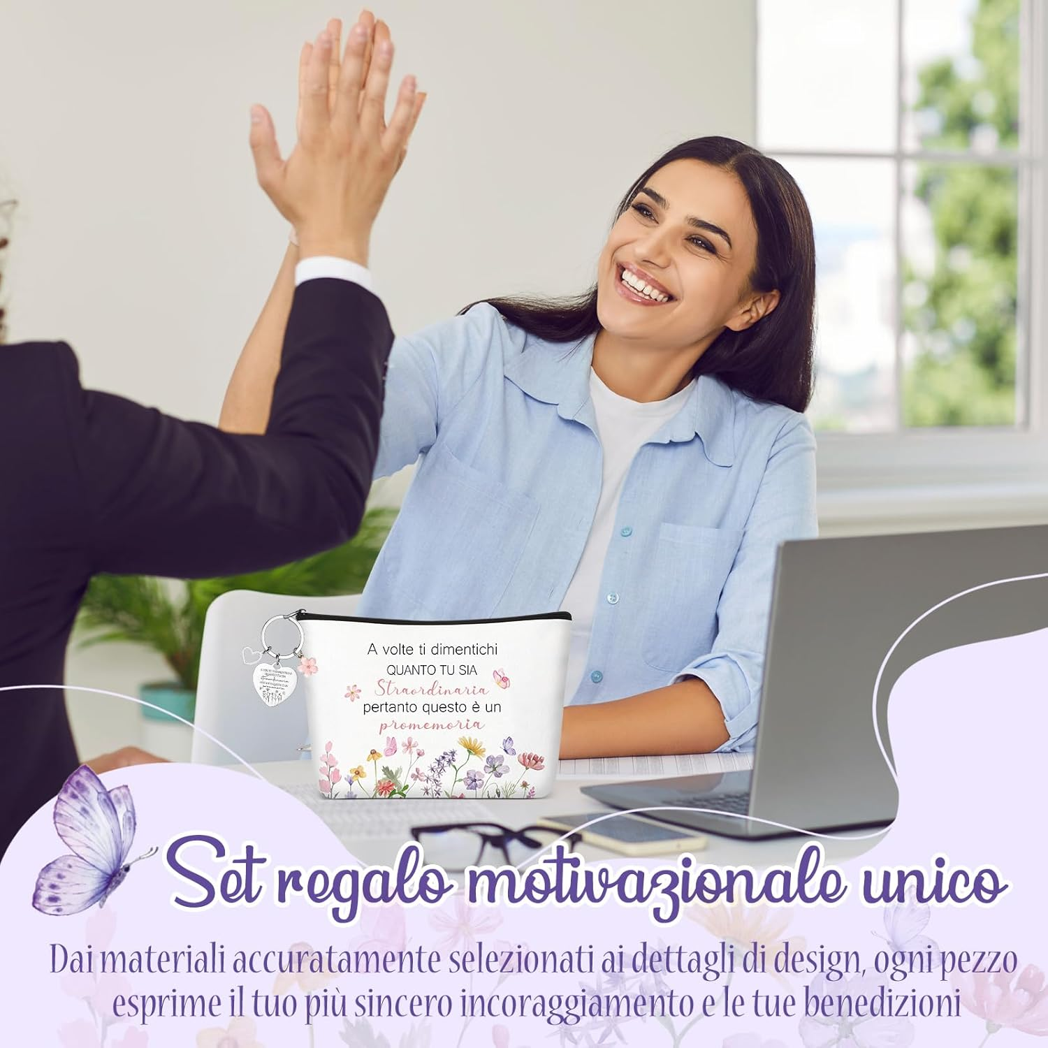 Xuniea Set of 2 Motivational Gift Set for Women Friends Colleagues Inspirational Cosmetic Bag with Floral Pattern Keyring with Flower Pendant for Teacher Birthday School Graduation Farewell image number 4