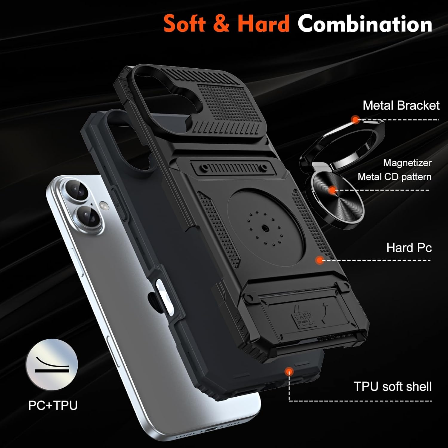 QIWEIQING Case for Iphone A, Military-Grade Shockproof Built-In Kickstand Phone Case Slide Camera Cover Removable Card Holder Anti-Scratch Rugged Bumper Cover for Iphone A. Black LM image number 6