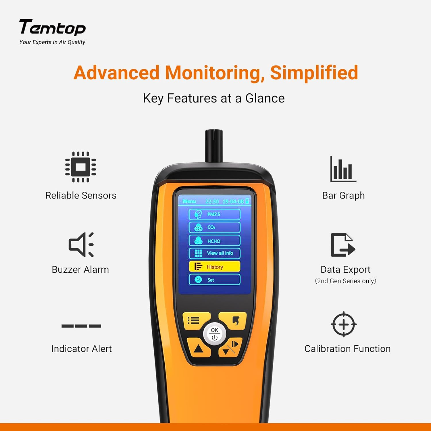 Temtop M2000C Air Quality Monitor for PM2.5 PM10 Particles CO2 Temperature Humidity Settable Audio Alarm Recording Curve Easy Calibration Colorful Display image number 3