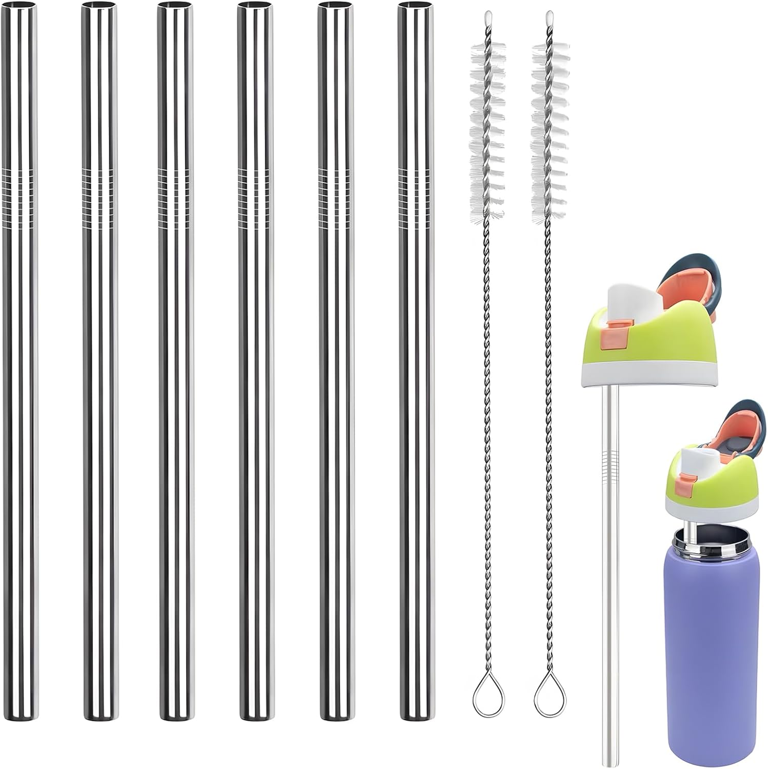 6 Pack Stainless Steel Straws Compatible with Owala Water Bottle - Stainless Steel Replacement Straws Compatible with 24Oz & 32Oz Owala Water Bottle, Includes 2 Cleaning Brushes (21Cm) image number 6