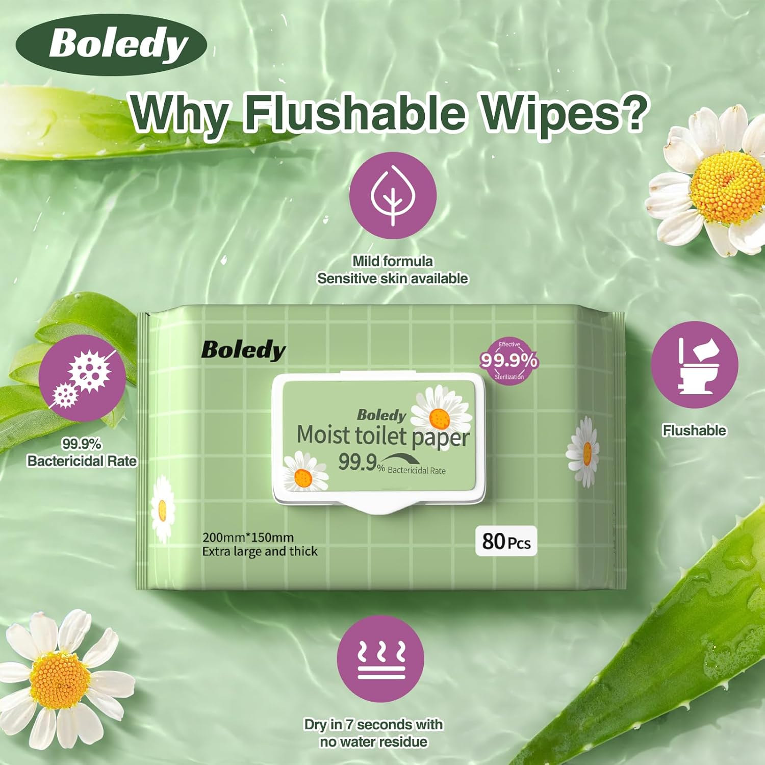 480 Count Flushable Wipes Easy to Flush Wet Wipes for Sensitive Skin 100% Plant-Based Powerful Cleaning Natural Formula Portable Moist Toilet Paper Biodegradable Moist Tissues (Pack of 6) image number 2