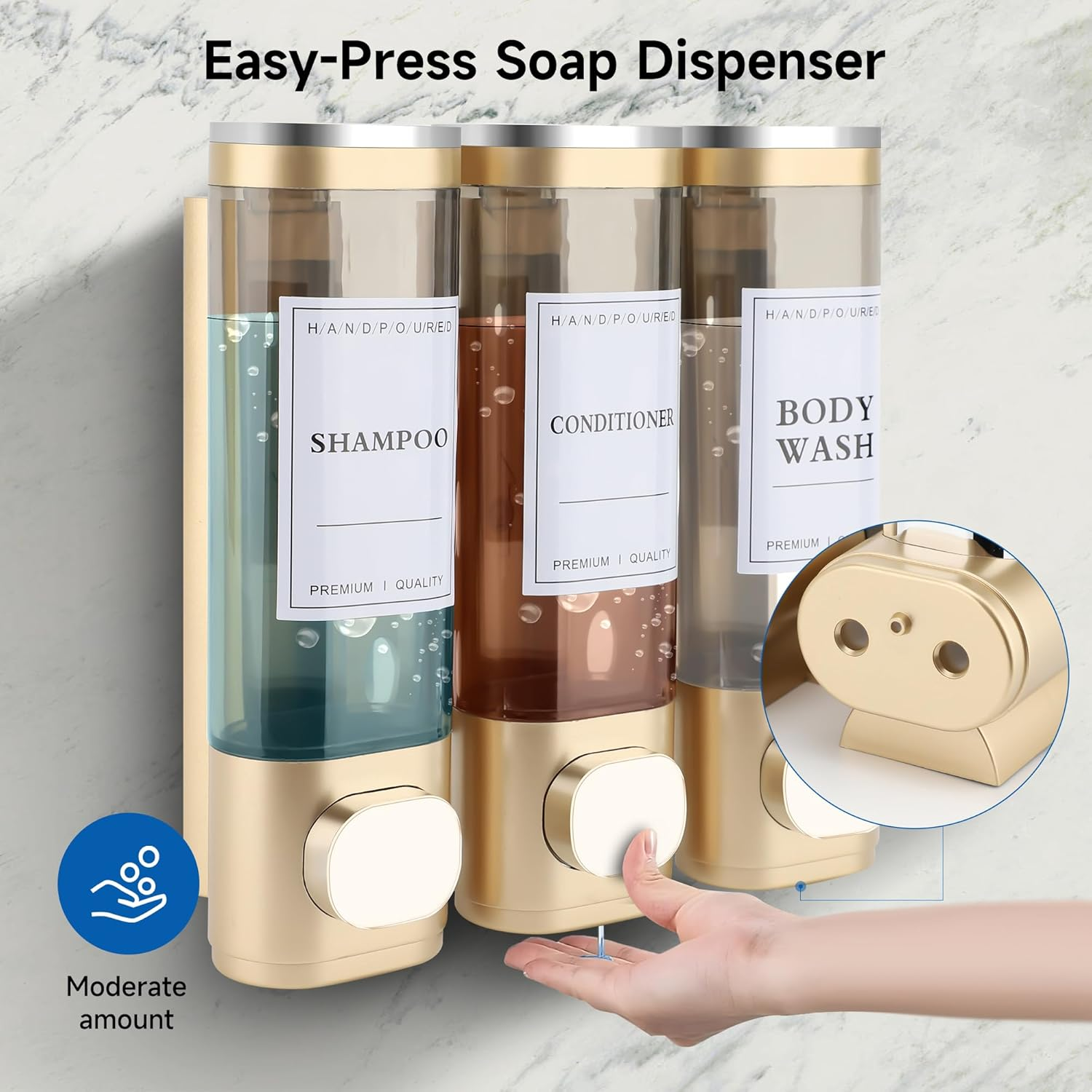 MEKOTRIN Soap Bathroom Shower Dispenser 3&times;300Ml Chamber Liquid Soap Lotion Gel Label Lock Wall Mounted Dispenser 5 Colors(Gold) - Gold image number 3