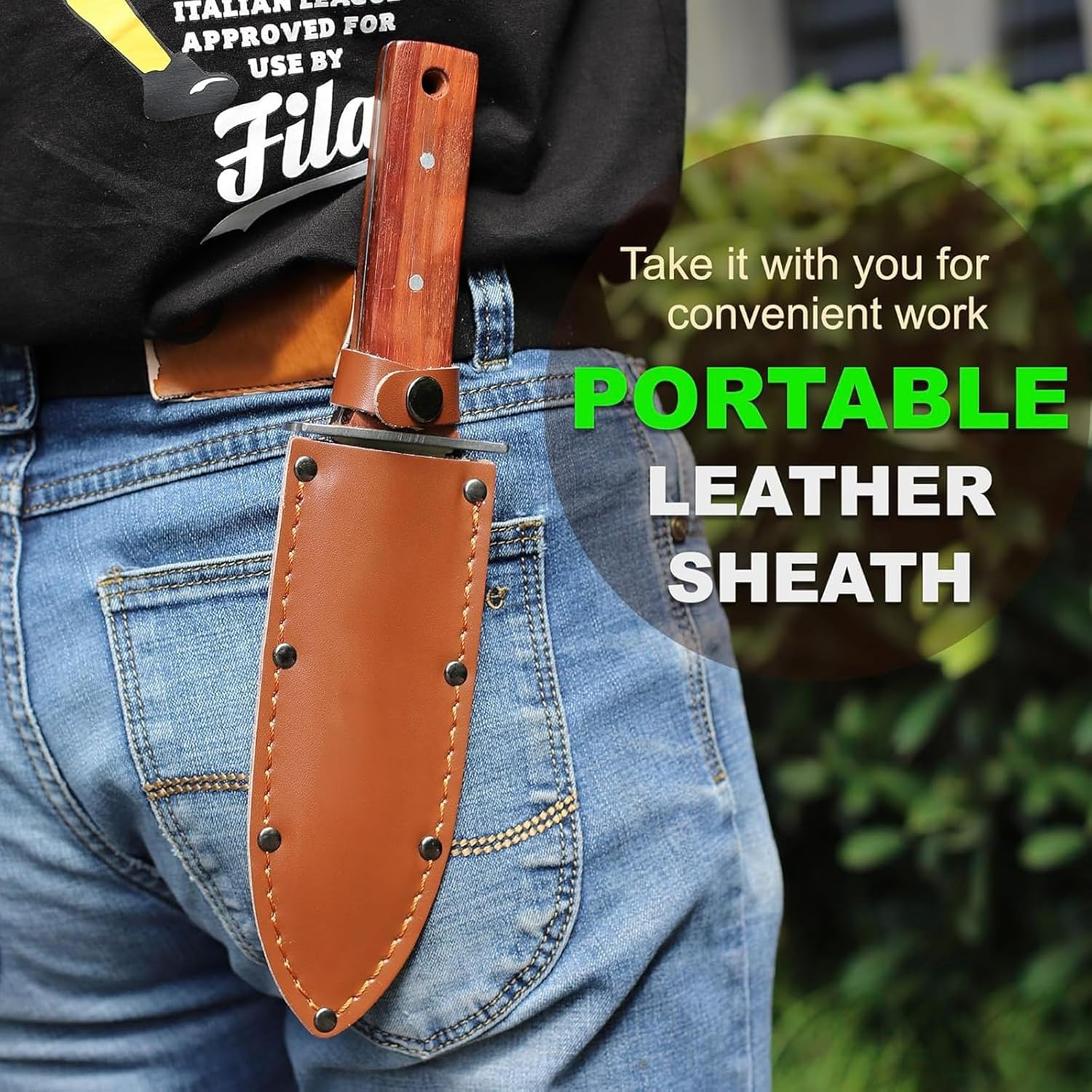 Hori Hori Garden Knife, Gardening Knife with PU Leather Sheath, Rosewood Handle, High Polished 440 Stainless Steel Blade, Sharpening Stone Included, for Weeding, Digging, Pruning, and Cultivating image number 3