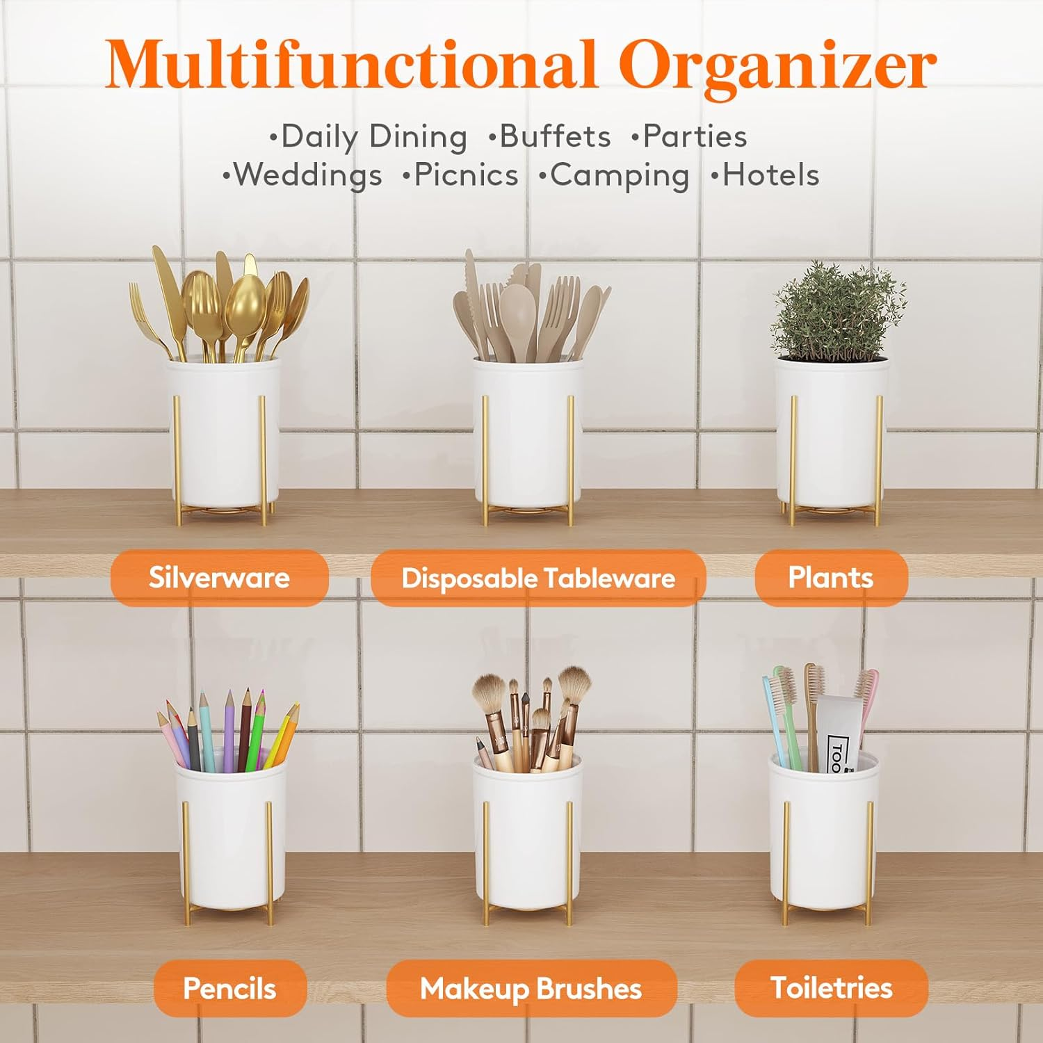 Lifewit Silverware Holder for Kitchen Countertop, Cutlery Flatware Caddy with Bracket, Plastic Utensil Spoon Fork Knives Organizer for Party Picnic, Gold, 2 Pack image number 6