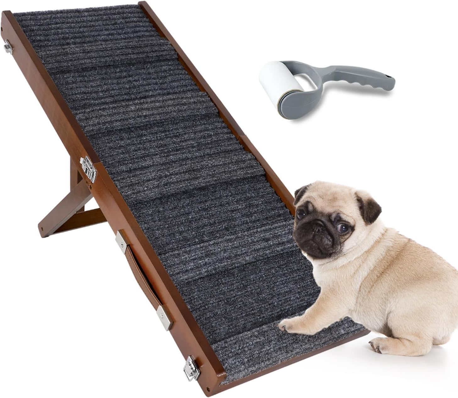 Brown Wooden Framed Folding Portable Pet Ramp. 4 Levels Adjustable 9" to 17.3" with Non-Slip 5 Paw Traction Mat for Small Medium Doggie. Dog Ramps-80Penbn,Uk image number 1