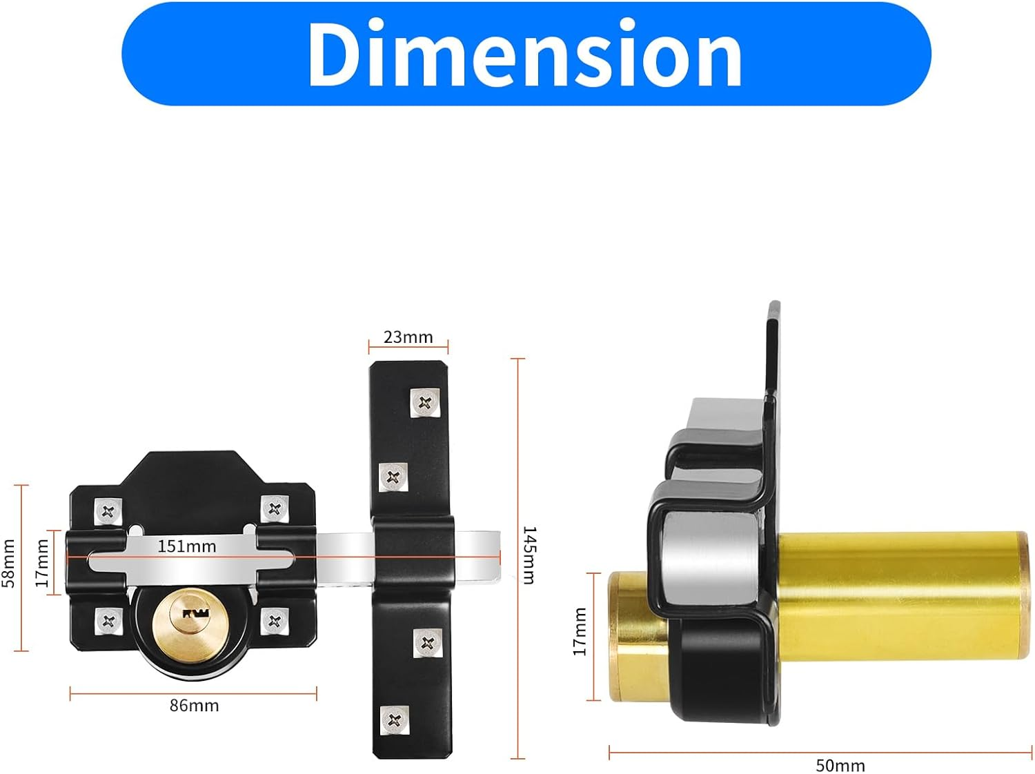 Long Throw Gate Lock, 50Mm, Double Locking, Stainless Steel Rimlock for Garage Door or Wooden Gate, 5 Keys Supplied image number 5