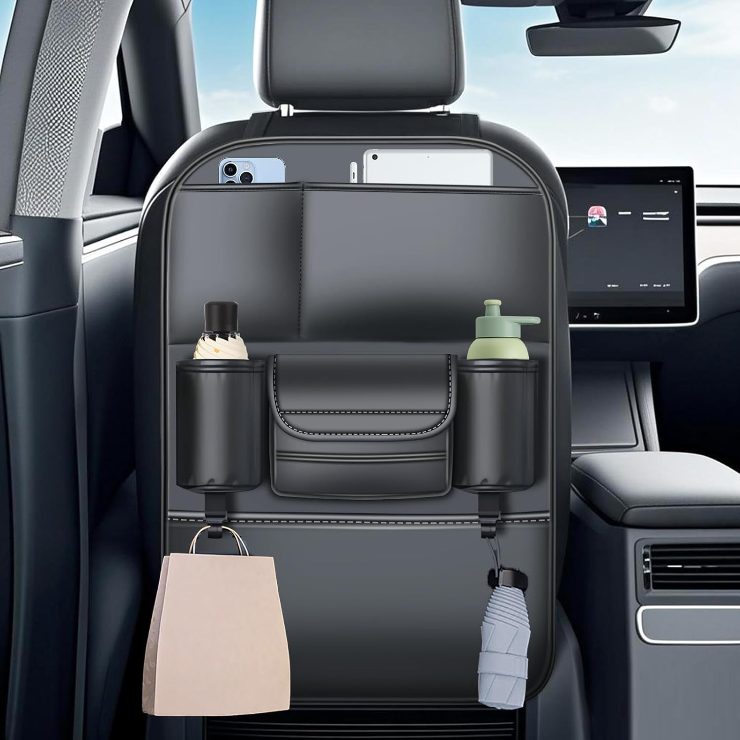 Car Seat Protector for Child Kids, Auto Seatback Kick Mat & Backseat Organiser, Universal Waterproof Anti-Fouling Nappa Leather Upholstery Protection Accessories for SUV, Sedan, Truck (Black) image number 6