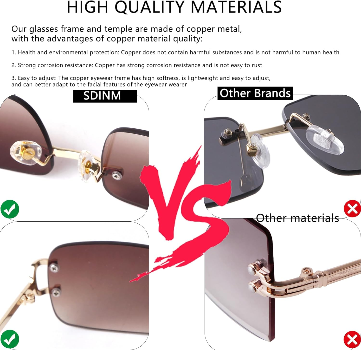 Sdinm Small Narrow Rimless Sunglasses Fashion Frameless Rectangle Tinted Lens Eyewear 90S Glasses for Women Men - 2Pc:Clear+Brown Gradient image number 4