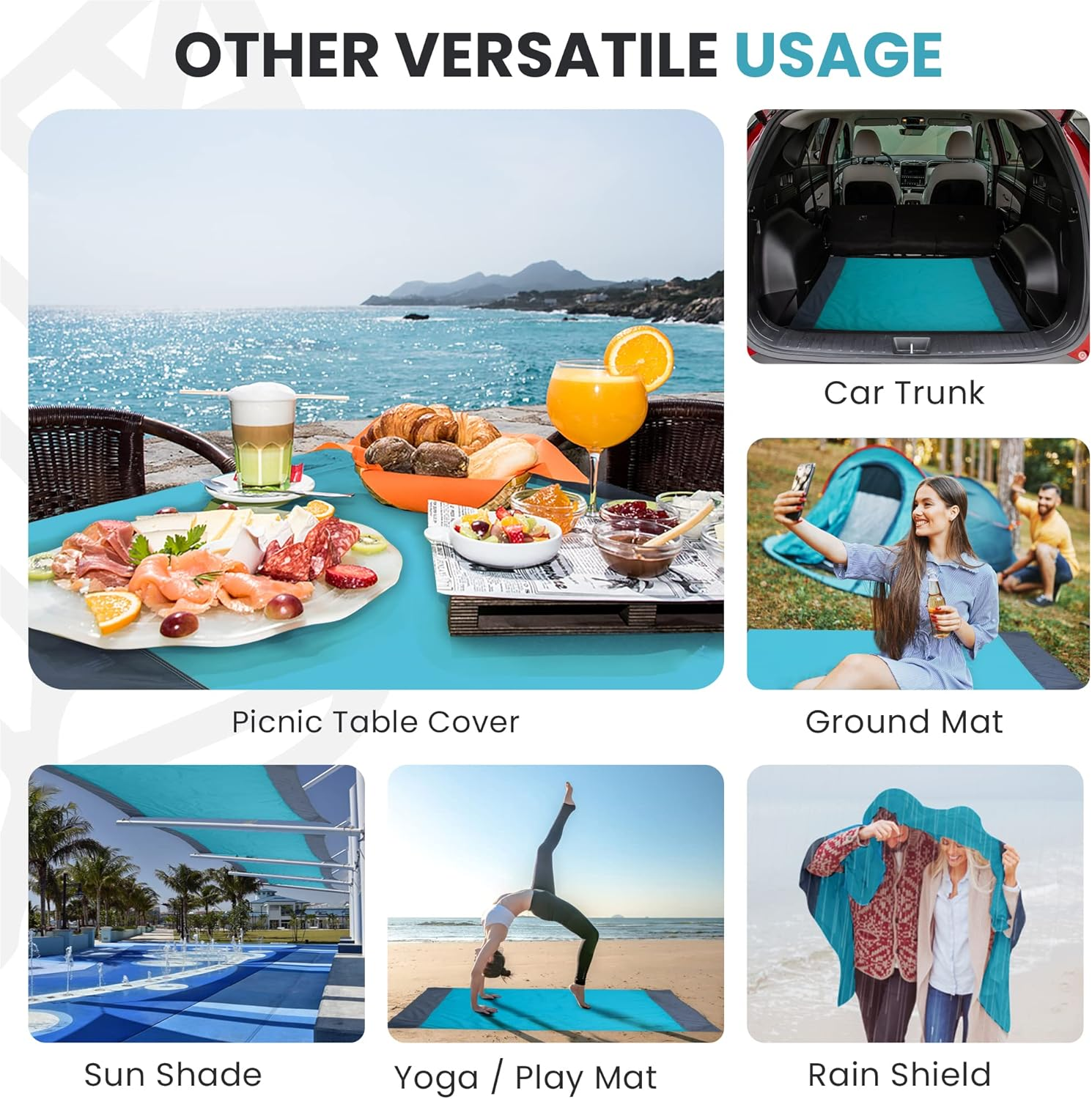 Beach Blanket Waterproof Sandproof - 80&rdquo;X74&rdquo; Beach Mat Sand Free Waterproof - Outdoor Picnic Blankets Beach Accessories Essentials with Durable Bottle Opener Compact Bag, Stake & Pouch (Green Gray) image number 2