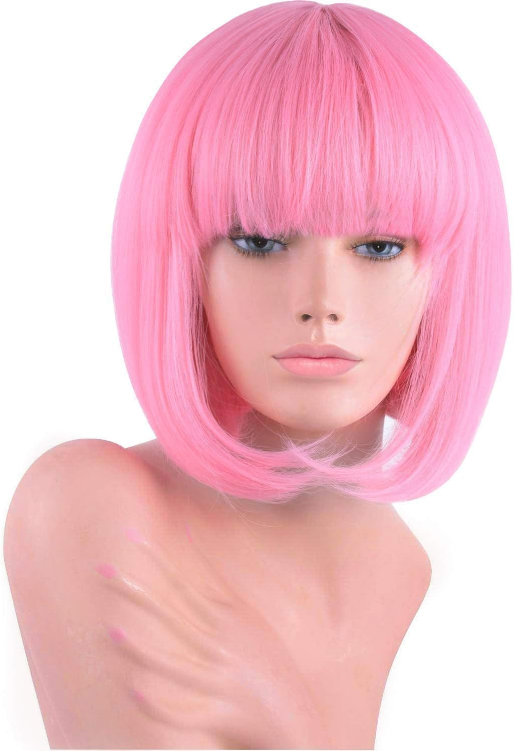 Pink Colored Short Bob Wig with Bangs for Women 12'' Straight Synthetic Wigs Halloween Custume Cosplay Party Wig image number 2