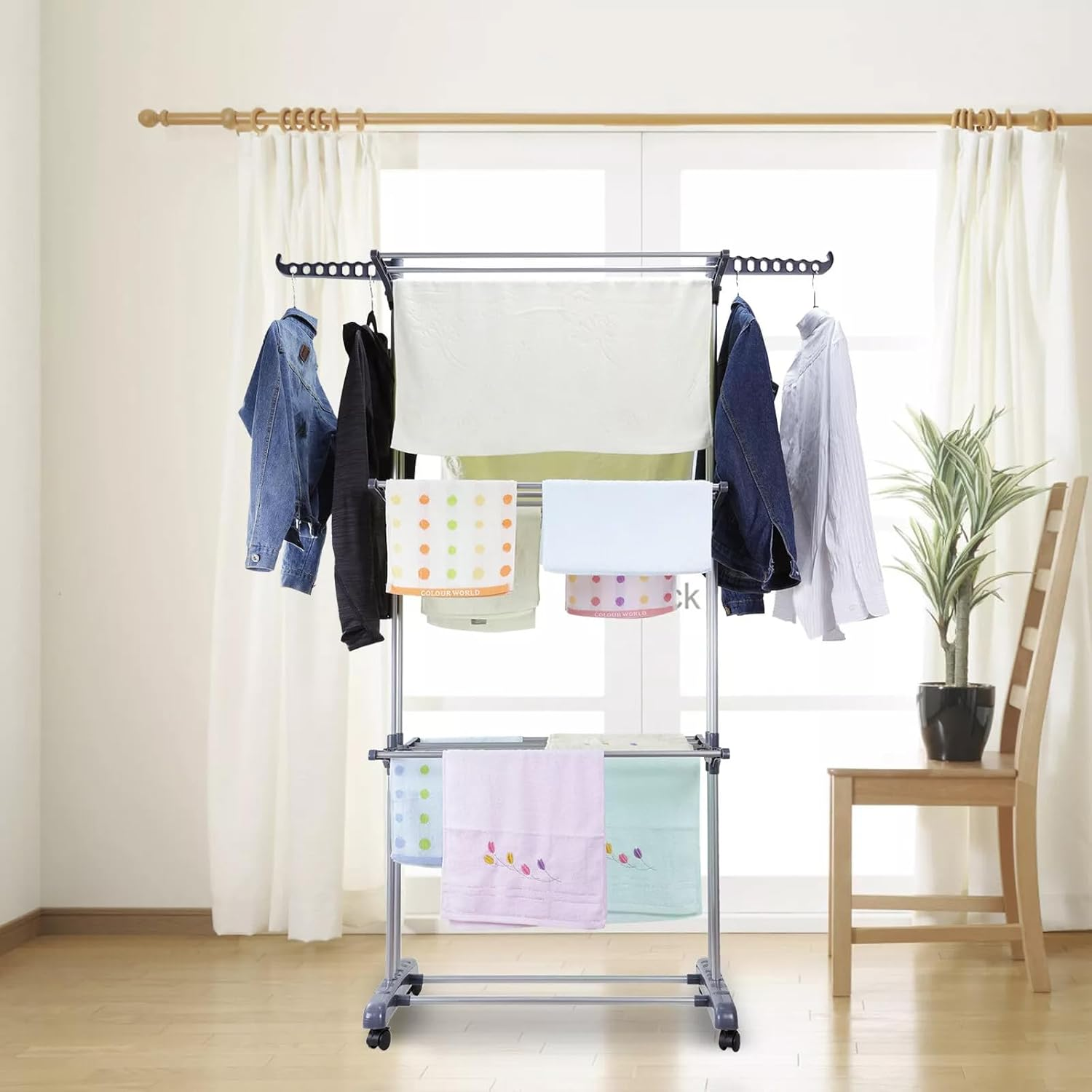 Clothes Drying Rack，4-Tier Laundry Rack，It Can Move Dryer Stand，Foldable Clothes Airer Drying Rack，Portable Clothes Rack with 4 Castors，For Drying Clothes, Clothes, Towels Indoors and Outdoors image number 2