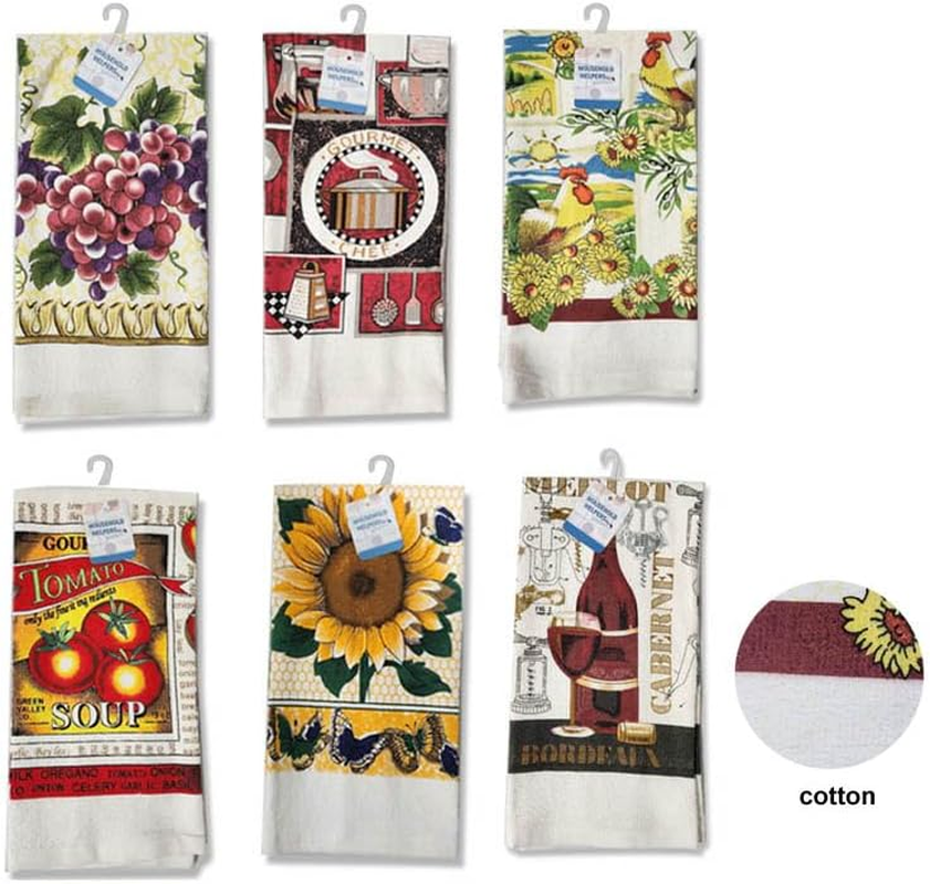 [6Pcs] Lylac Homeware Decorative Cotton Kitchen Tea Towels, Floral and Culinary Prints 60G 38X62Cm