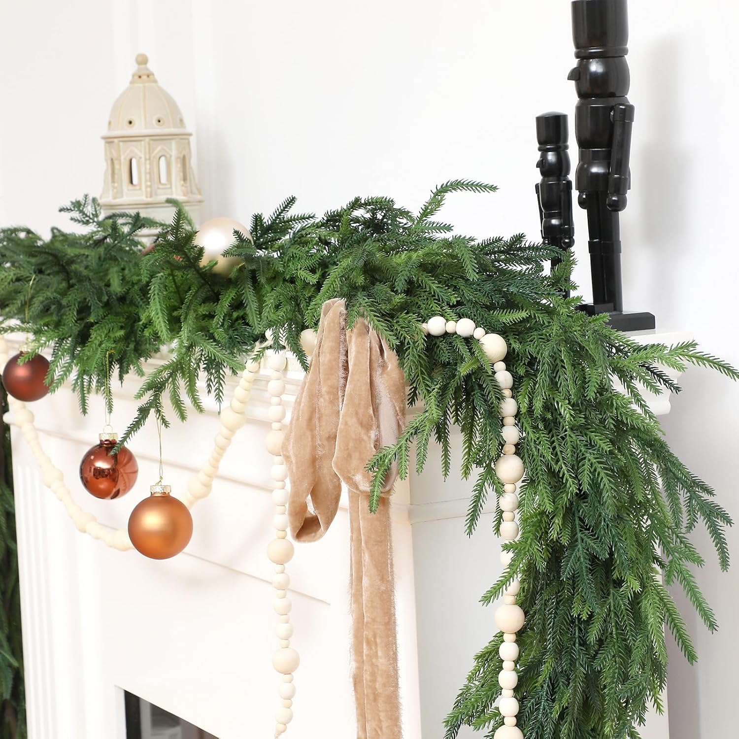Jutom 9 Feet Christmas Deluxe Norfolk Pine Garlands Realistic Norfolk Pine Faux Greenery Garlands for Holiday Mantle Table Indoor Outdoor Wedding Christmas Decor(2 Pcs) image number 5