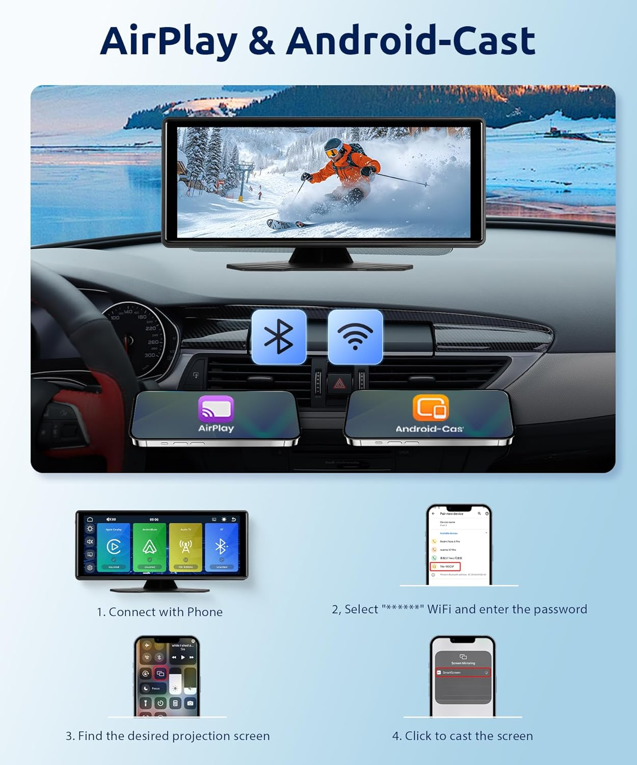 10.26 Inch Wireless Carplay Screen with Backup Camera Car Radio Android Auto Portable Carplay Screen,Rimoody Touchscreen Carplay Screen Bluetooth FM Transmitter Airplay Mirror Link Voice Control image number 4