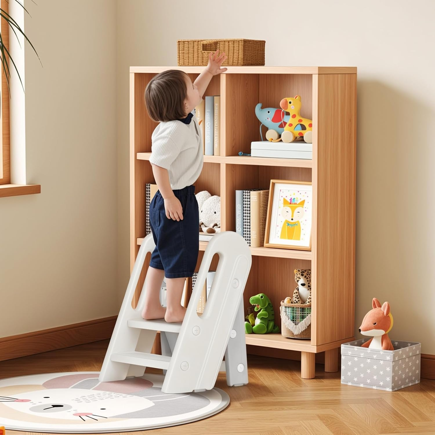 Foldable Kids Step Stool with Safety Handles,3-Tier Toddler Step Learning Ladder with Adjustable Pedal and Non-Slip Steps for Toilet Potty Training,Kitchen Standing Tower,Bathroom Sink image number 3