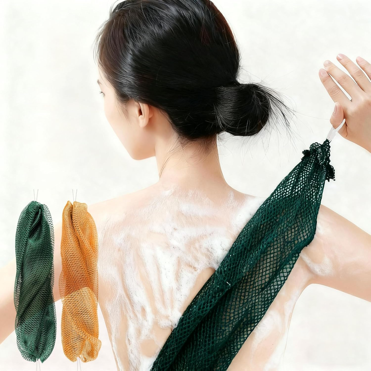 African Bath Sponge Set, Mesh Exfoliating Body Scrubber, Long Net Wash Cloth in Emerald Green and Yellow, 2 Pack image number 2